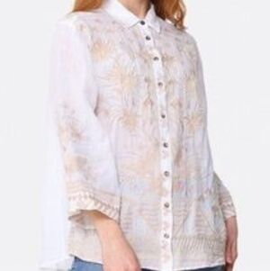 Johnny Was Cream and Gold Embroidered Button Down Shirt